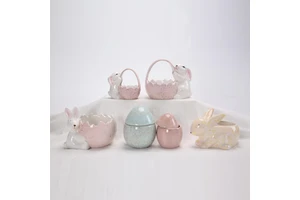 Fine Porcelain Bunny with Easter Basket Figurine Spring Easter Party Supplies and Gifts Decorations