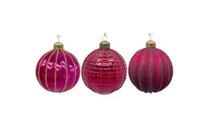 Purple Gilded Grid & Vertical Strip Glass Christmas Ball Ornaments, Holiday Hanging Decorations for Christmas Tree