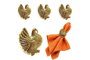 Retro golden turkey napkin ring, Thanksgiving button, autumn theme party table decoration