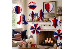 Popular Red White Blue Patriotic Paper Fan Decorations Set for 4th of July Independence Day Party