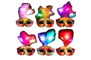 LED Light PVC Feather Glowing Venetian Masquerade for Halloween Carnival Mardi Gras Birthday Party Cosplay Batteries Included