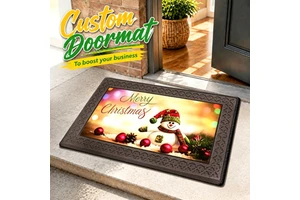 Custom Christmas Snowman Doormat with Embossed Rubber Border, UV Fade Resistant Washable Winter Holiday Decorative Entry Mat