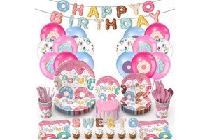 Children's Birthday Party Decorative Tableware Set Disposable Paper Tray Cup Featuring Donut Theme Party Decoration Supplies