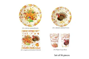 96 Pcs/Set Thanksgiving Day Napkins Paper Cup Plate Set for Happy Thanksgiving Day Party Table Decor
