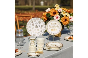 Thanksgiving and Birthday Party Tableware Set Hot Stamping Paper Tray with Pumpkin Cup & Tissue for Baby Shower