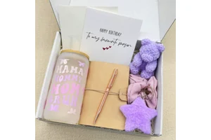 Personalized Happy Birthday Mother's Day Gift Set Bulk Purple Rose Bear Candle Notebook 16oz Tumbler Gift Box for Sister Women