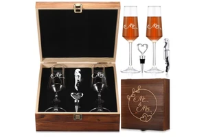 Wedding Gift for Newlyweds Champagne Flute Set Bridal Shower Champagne Glasses Wine Opener Wine Stopper with Engraved Wooden Box