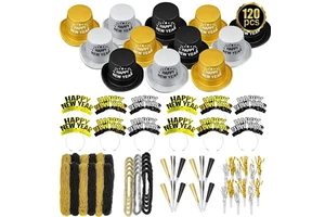 120pcs 2026 Happy New Year Party Decoration Supplies Hats Headbands Tiaras Metallic Fringed Noise Makers Horn