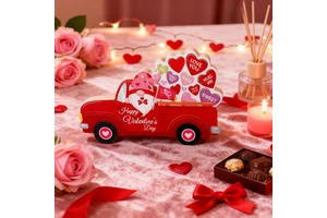 3PCS Valentine's Wooden LOVE Cart & Heart Table Centerpiece with Red-pink Colors. Features Core Symbols, Perfect for Dinners
