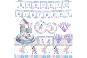Blue Unicorn Children Birthday Theme Design Paper Plates Disposable Party Supplies Set for Birthday Celebration