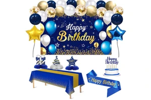 Birthday Party Blue Metal Confetti Balloon Arch Happy Birthday Poster Sash Honeycomb Centerpiece Tablecloth Cake Topper Supplies