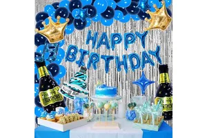 Birthday Decorations Men Happy Birthday Balloons for Women Blue and Gold Baby Party Suppliers with Rain Curtains Girls Boys