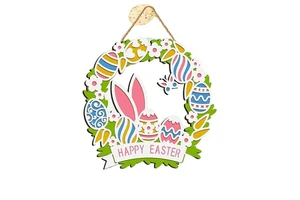 Custom Easter Wooden Hanging Wreath Bunny Egg Door Decoration Laser Cut Painted Spring Festival Ornament OEM ODM