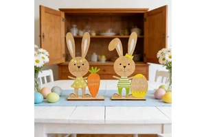 Bulk Easter Bunny Egg Carrot Desktop Decoration - Happy Easter Carved Wooden Craft for Holiday Event Party Supply