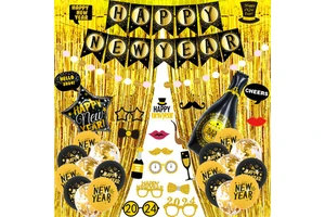Happy New Year Black Gold Theme Party Set Fishtail Pull Flag Fringe Aluminum Film Decoration New Year Balloon Venue Layout