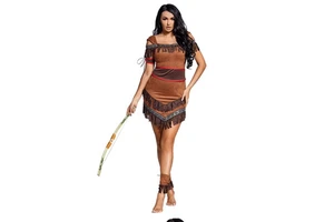 Women's Retro Tribal Native Costume Suede Fringe Archer Dress with Arm Bands for Halloween German Carnival