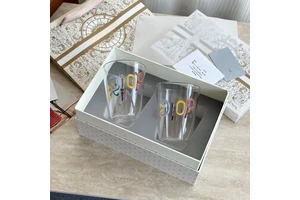 Hand Painted Colorful Alphabet Glass Cup Set 2 Pieces Transparent Tumbler for Home Use and Festival Gifting
