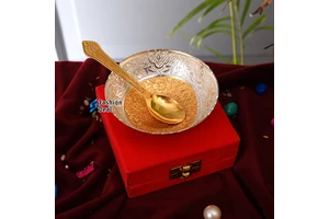 German Royal Luxury Durable Metal round Silver Brass Bowl with Tray Spoon Home Decor for Dry Fruit & Sweets Creamer Pots