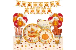 Luxury Thanksgiving Plates and Napkin Banners with Autumn Pumpkin Tablecloths-Hot Selling Disposable Eco-friendly Party Supplies