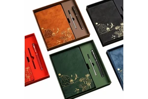 A4 Classic Style Gold Foil Embossed Notebook Pen Gift Box Set Suede Custom Logo Corporate Business Stationery Offset Printing