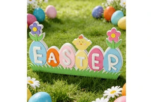 Chick Easter Themed Egg Shaped "EASTER" Decorative Ornament Wooden Spring Atmosphere Style