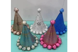 Metallic Foil Print Birthday Party Hats With Pom Pom for Kids Adults Cone Photo Booth Props Birthday Party Decorations Supplies