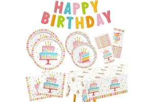 Happy Birthday Party Supplies Set Cake Design Includes Plates Napkins Cups Tablecloth Banner Boys Girls Decorations