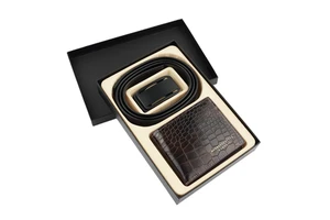 Mens Genuine Cowhide Automatic Buckle Leather Belt Wallet Gift Set Customizable Gift Box Personalized