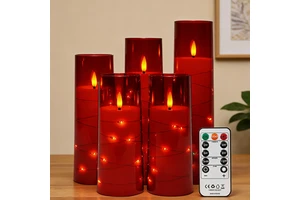 Festive Poinsettia Flameless LED Pillar 5PCS Candle with Copper Wire Lights Christmas & New Year Floral Color Decor for Holiday