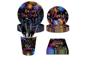 Huancai New Year Party Supplies Colorful Paper Plates Cups Napkins Disposable Tableware Set for Happy New Year Eve Party Decor