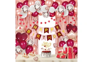 Birthday Decorations with Happy Birthday Banner Curtains Burgundy Heart Balloons for Adults Birthday Party Decorations
