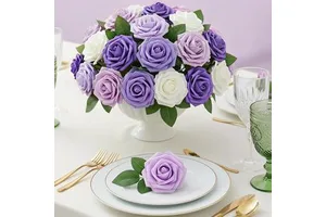 Fake Flowers Purple White Artificial Roses with Stems for Wedding Bouquets Centerpieces Arrangements Valentine Decorations