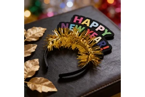 629082 Happy New Year Headband - Colorful Letter & Gold Tinsel Party Headpiece for New Year's Eve, New Year Party Decoration