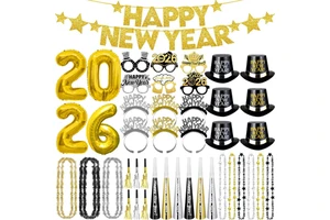 New Year's Eve Party Supplies 2025 Decorations Party Favors Plastic Foil Balloons Banner Headband Tiaras Horns Squawkers Glasses