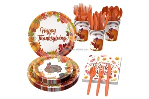 OEM Thanksgiving Party Tableware Set Turkey Pumpkin Maple Leaf Theme Cartoon Disposable Eco-friendly Die Cut Paper Decoration