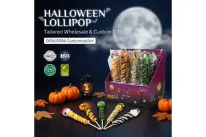 Custom 30g Halloween Spiral Lollipop with Character Head Pumpkin Frankenstein Ghost Hard Candy for Holiday Party