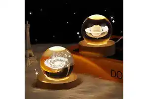 3D Laser Engraved Crystal Ball LED NightLight Solar System Theme Wood Base USB Powered Home Desktop Bedroom Decor Festival Gift