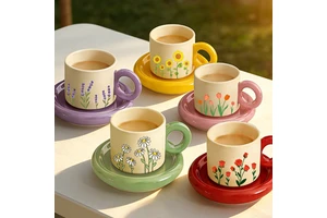 European Green Plant Pattern Porcelain Coffee Mug With Round Handle Custom Ceramic Cup And Saucer Set