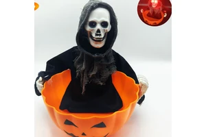 Halloween Plastic Black Robe Skeleton Orange Witch Toy Creative Gift Ornament Candy Bowl Decoration Luminous Battery Operated