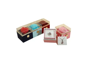 Hot Selling Lipstick Valentine's Day Gift Set Red Rose Immortal Flower Triple Jewelry Box With Necklace Holder Preserved Flower