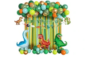Dinosaur Balloons Garland Arch Kit Supplies with Happy Birthday Banner Crepe Paper Dino Foil Balloon for Jungle Safari Party