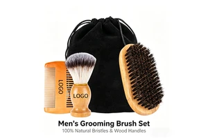 Luxury 4-in-1 Men's Beard Grooming Kit With Natural Boar Bristle Brush Wooden Comb & Velvet Bag For Father's Day Gift