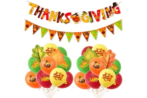 Yuanpai Thanksgiving Adult Party Decoration Set Latex Pumpkins Turkeys and Maple Leaf Flags for Indoor Use