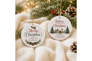 Wholesale 3 Inch Plain White Porcelain Round Heart Star UV Ornament Custom Logo Photo UV Printing DIY Ceramic Christmas Ornament