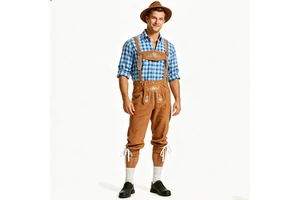 Men's Oktoberfest Costume Set Blue White Gingham Roll Sleeve Shirt Brown Pants German Bavarian Beer Festival Outfit