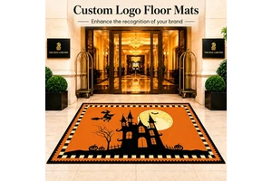Hotel Corridor Halloween Welcome Mat - Branded Seasonal Floor Rug for Boutique Inn Elevator Lobby and Guest Floor Decoration