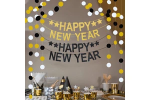 2025 New Year Theme Happy New Year Letter Banner Durable Paper Party Decorations with Glitter Flowers New Year Party Novelties