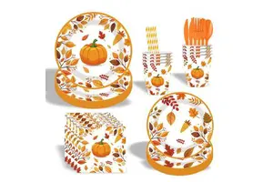 Custom Thanksgiving Party Supplies Pumpkin Maple Leaf Tableware Dinnerware Disposable Paper Plates Cups Napkins
