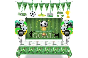 New Football Theme Kids Adult Birthday Game Party Decoration Set with Swirls Banner Balloon Background Poster Table Cloth