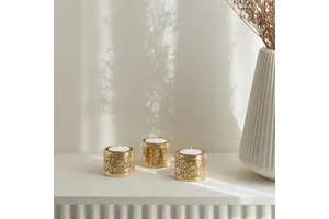 AK Brass Engraved Design Tea Light Candle Set of 3 Polish Finish Eco-Friendly Handmade for Christmas & New Year Home Decor